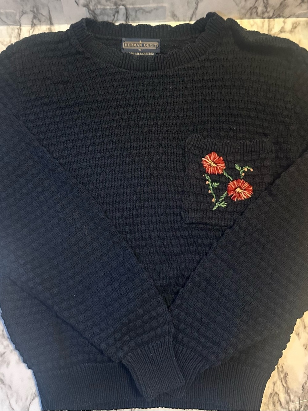 Herman Geist Vintage Navy Crewneck Sweater with Flower Embroidered Pocket
